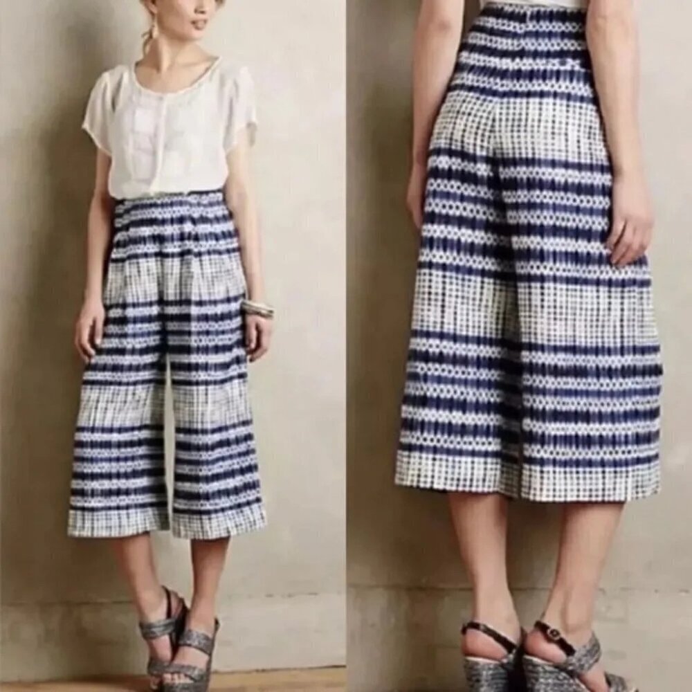 Anthropologie Corey Lynn Calter Blue Linen Wide Cropped Nalu Pants size 10 - Picture 2 of 11